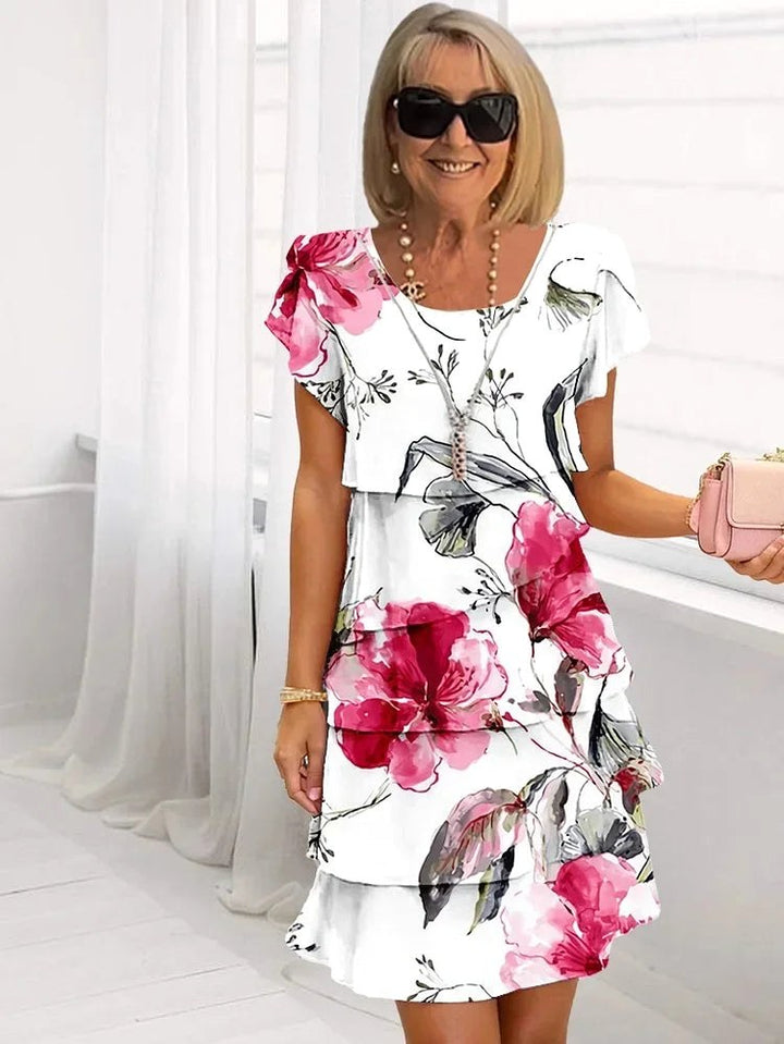 Mia | Women's Ruffled Floral Pleated Dress - White
