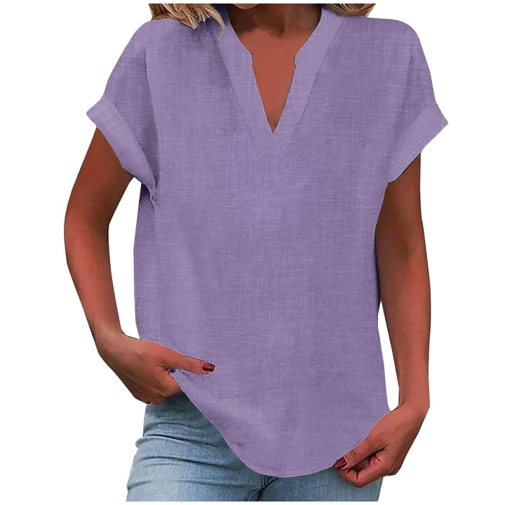 Mikaela | Women's V-Neck Short Sleeve Blouse, Relaxed Fit Blouse | The Shrader Sisters | Light Purple