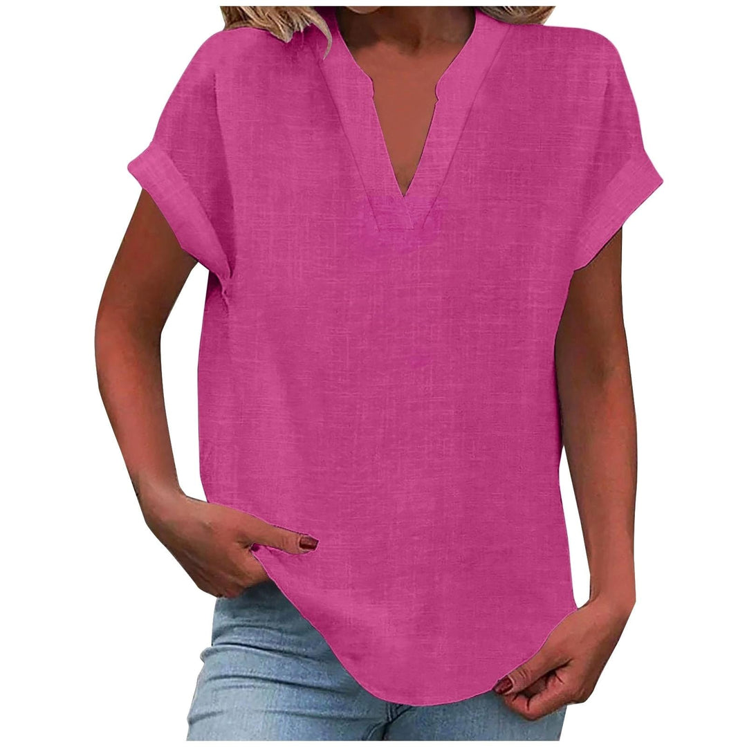 Mikaela | Women's V-Neck Short Sleeve Blouse, Relaxed Fit Blouse | The Shrader Sisters | Bright Pink