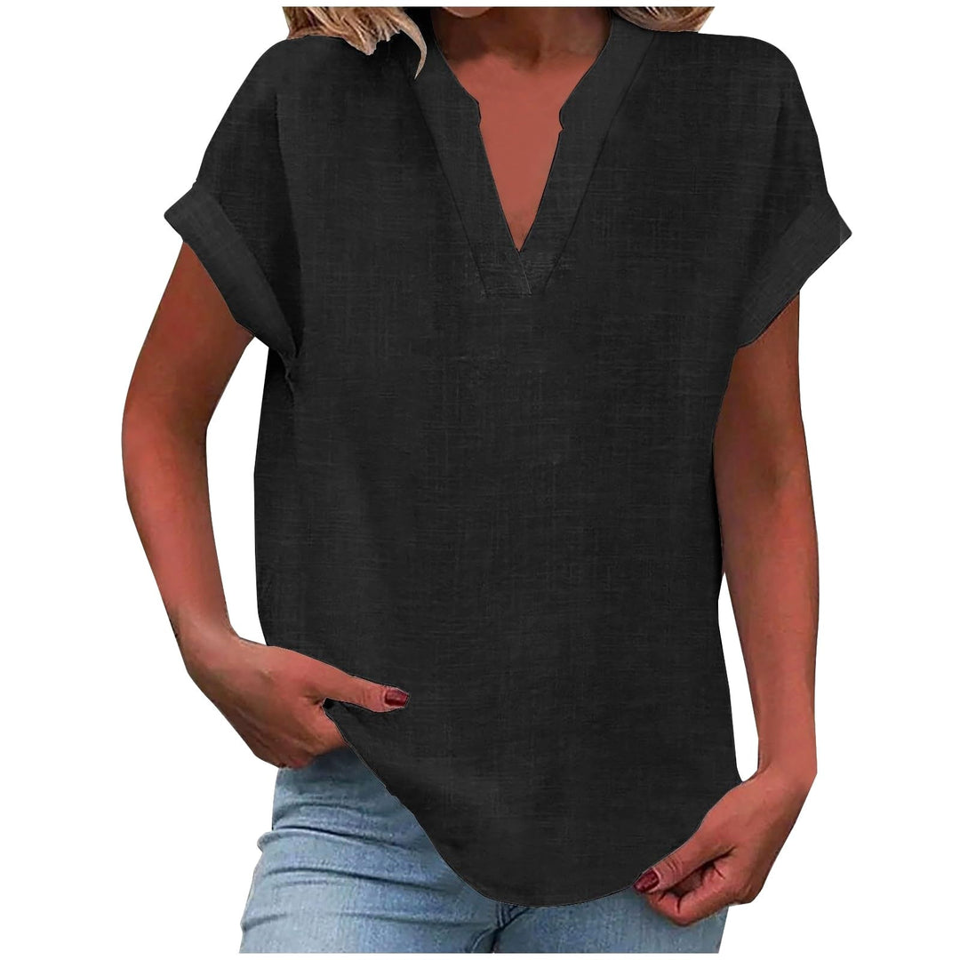 Mikaela | Women's V-Neck Short Sleeve Blouse, Relaxed Fit Blouse | The Shrader Sisters | Black