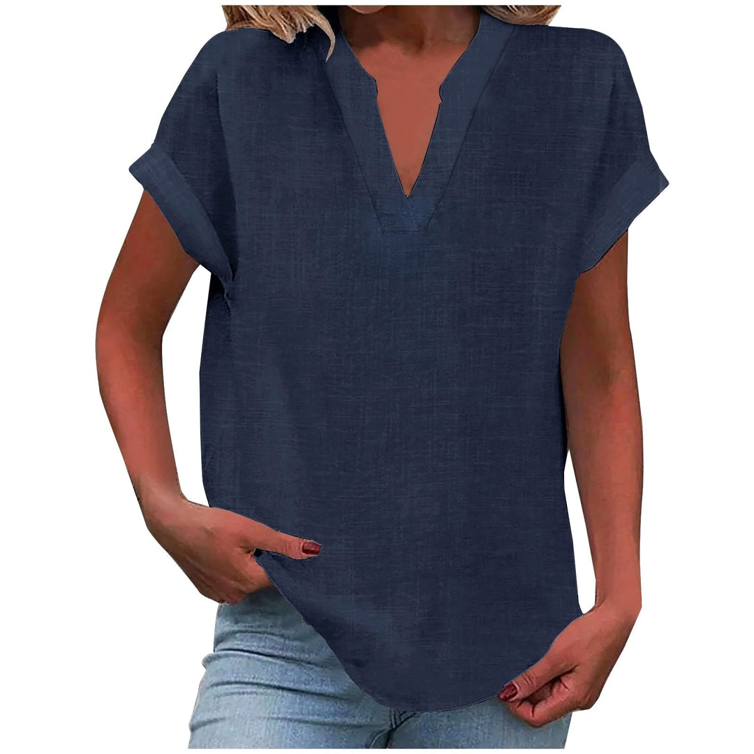 Mikaela | Women's V-Neck Short Sleeve Blouse, Relaxed Fit Blouse | The Shrader Sisters | Navy Blue