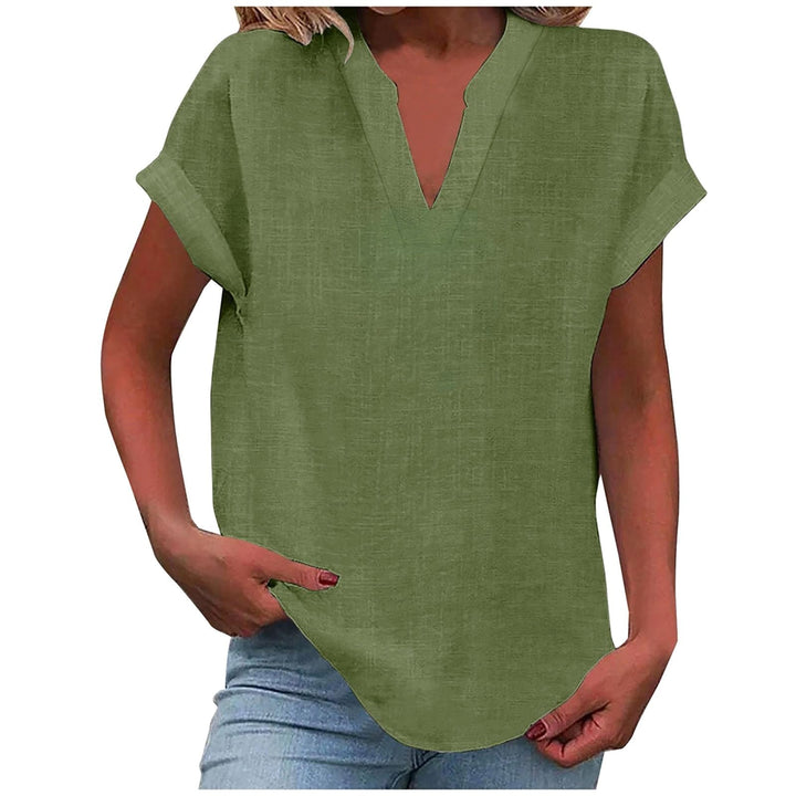 Mikaela | Women's V-Neck Short Sleeve Blouse, Relaxed Fit Blouse | The Shrader Sisters | Brown