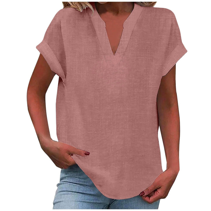 Mikaela | Women's V-Neck Short Sleeve Blouse, Relaxed Fit Blouse | The Shrader Sisters | Pink