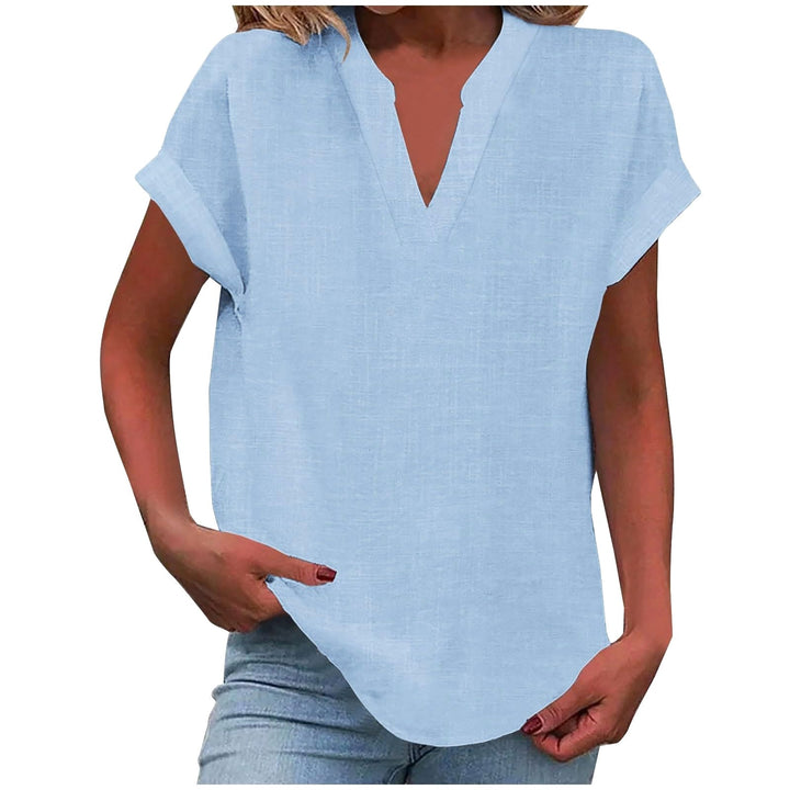 Mikaela | Women's V-Neck Short Sleeve Blouse, Relaxed Fit Blouse | The Shrader Sisters | Sky Blue