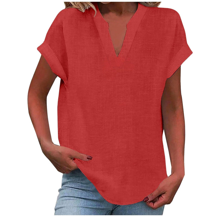Mikaela | Women's V-Neck Short Sleeve Blouse, Relaxed Fit Blouse | The Shrader Sisters | Red