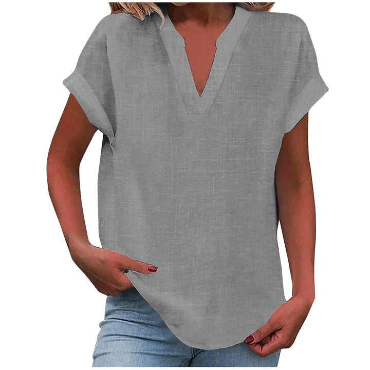 Mikaela | Women's V-Neck Short Sleeve Blouse, Relaxed Fit Blouse | The Shrader Sisters | Light Grey