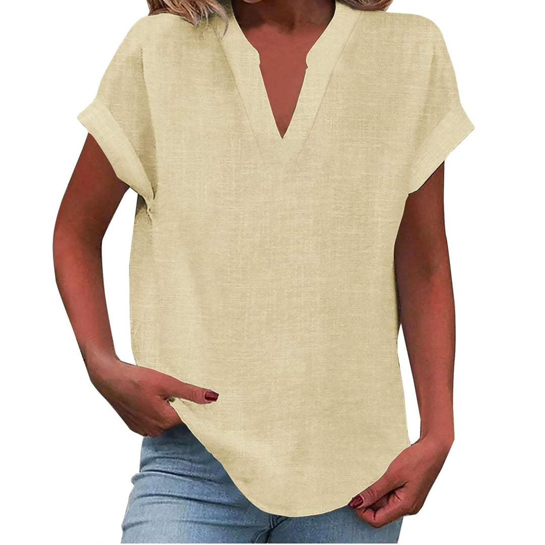 Mikaela | Women's V-Neck Short Sleeve Blouse, Relaxed Fit Blouse | The Shrader Sisters | Beige