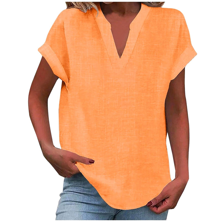 Mikaela | Women's V-Neck Short Sleeve Blouse, Relaxed Fit Blouse | The Shrader Sisters | Orange