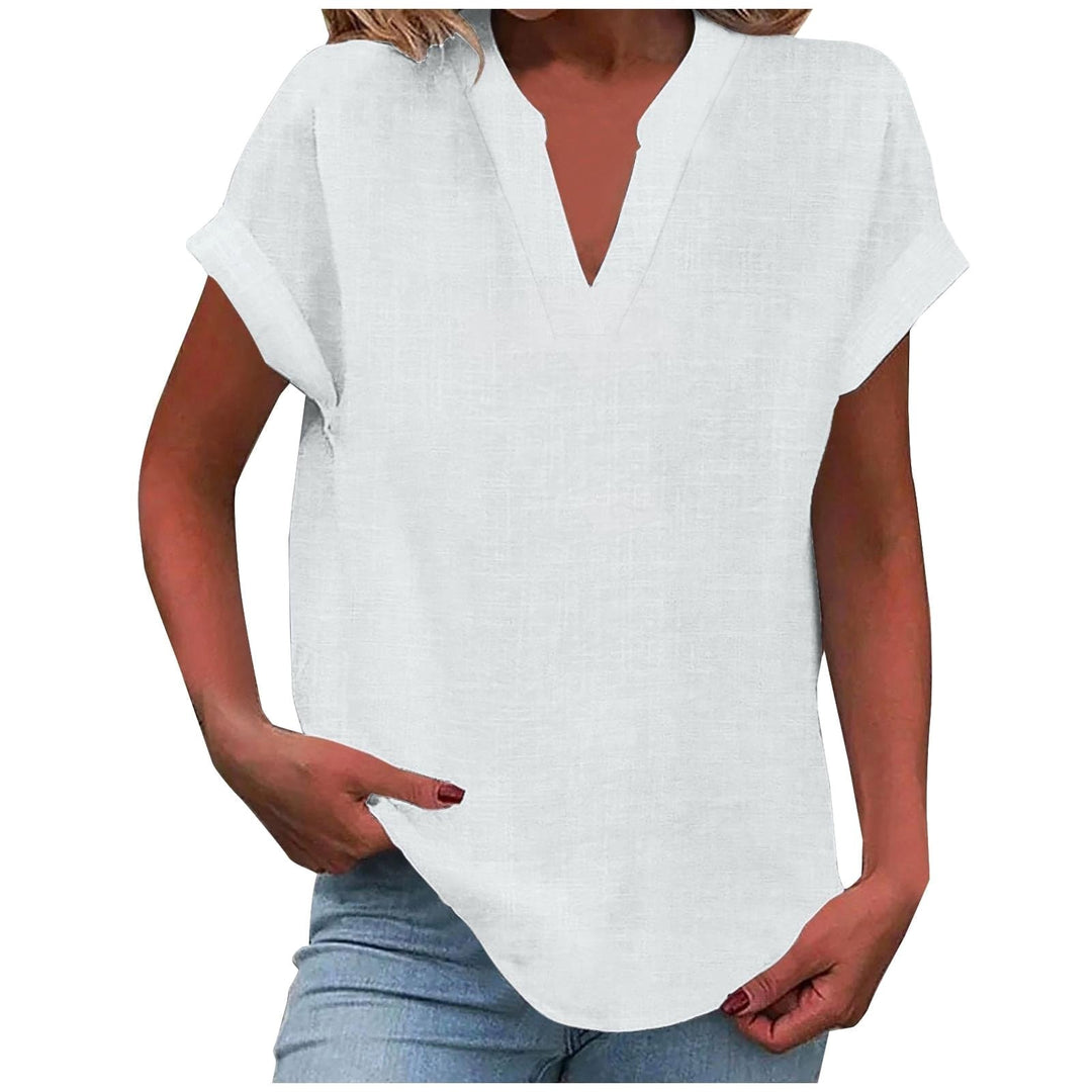 Mikaela | Women's V-Neck Short Sleeve Blouse, Relaxed Fit Blouse | The Shrader Sisters | White