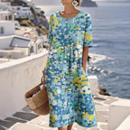 Mikayla | Women's Abstract Floral Midi Dress, Short Sleeve Wedding Guest Dress | The Shrader Sisters