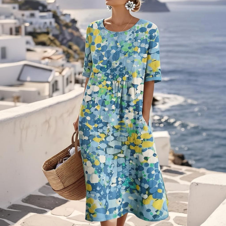 Mikayla | Women's Abstract Floral Midi Dress, Short Sleeve Wedding Guest Dress | The Shrader Sisters