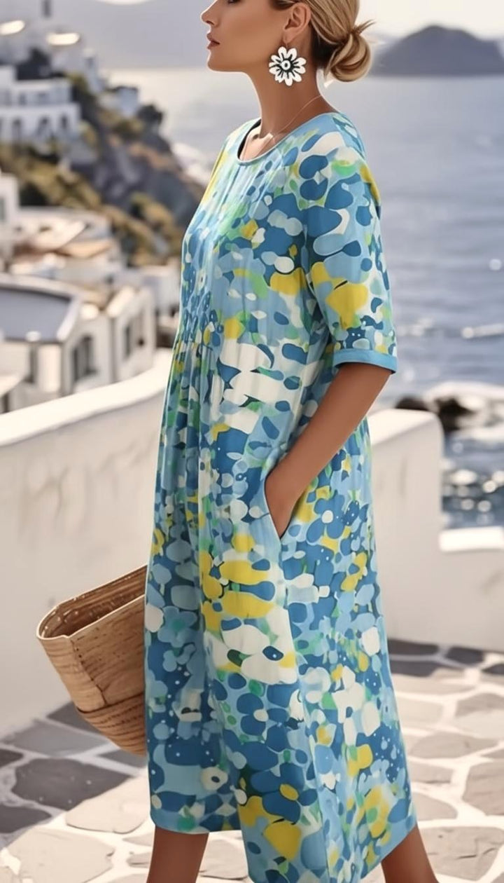 Mikayla | Women's Abstract Floral Midi Dress, Short Sleeve Wedding Guest Dress | The Shrader Sisters