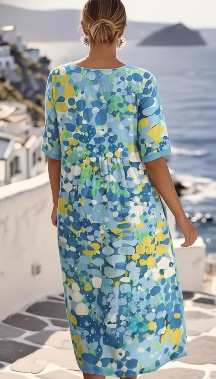 Mikayla | Women's Abstract Floral Midi Dress, Short Sleeve Wedding Guest Dress | The Shrader Sisters