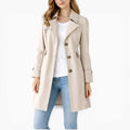 Mikayla | Women's Classic Button-Front Trench Coat, Tailored Knee-Length Coat | The Shrader Sisters | Beige