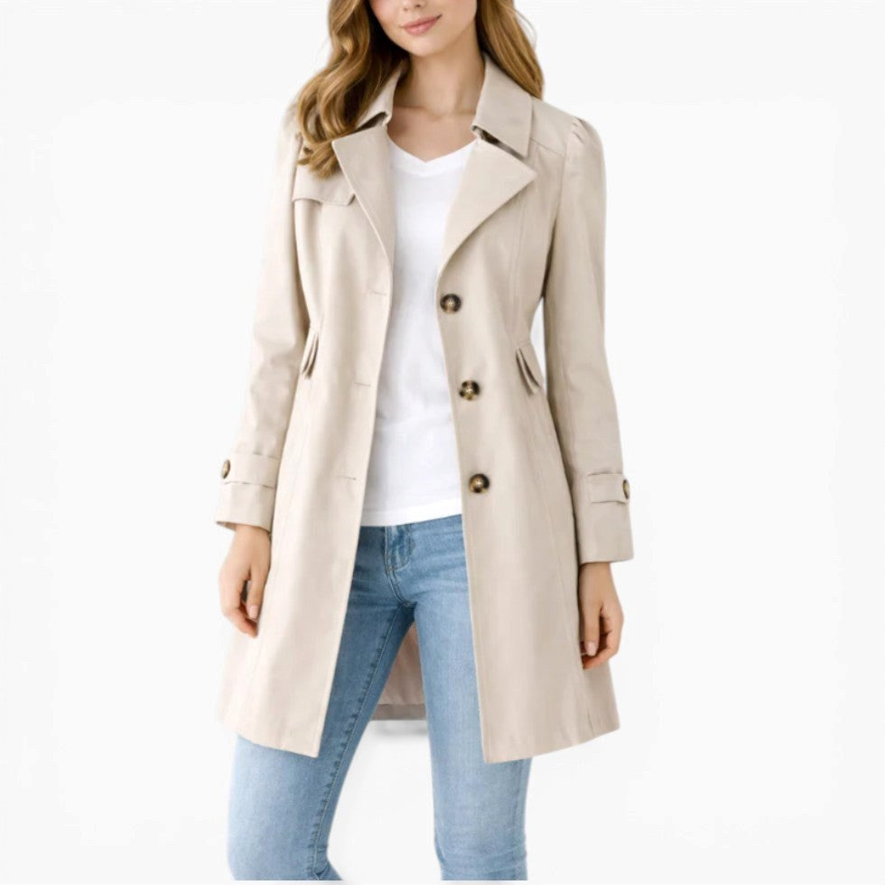 Mikayla | Women's Classic Button-Front Trench Coat, Tailored Knee-Length Coat | The Shrader Sisters | Beige