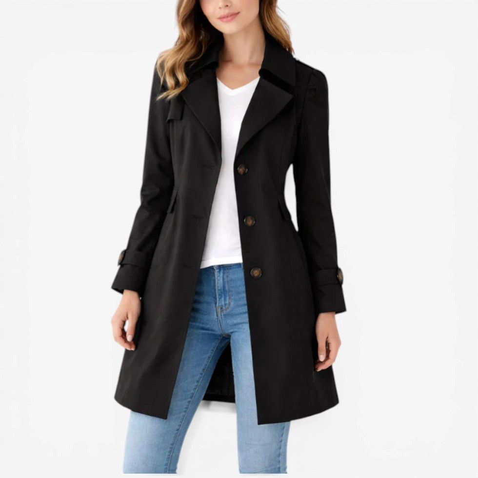 Mikayla | Women's Classic Button-Front Trench Coat, Tailored Knee-Length Coat | The Shrader Sisters