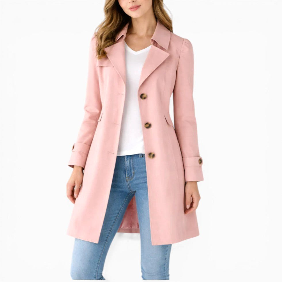 Mikayla | Women's Classic Button-Front Trench Coat, Tailored Knee-Length Coat | The Shrader Sisters