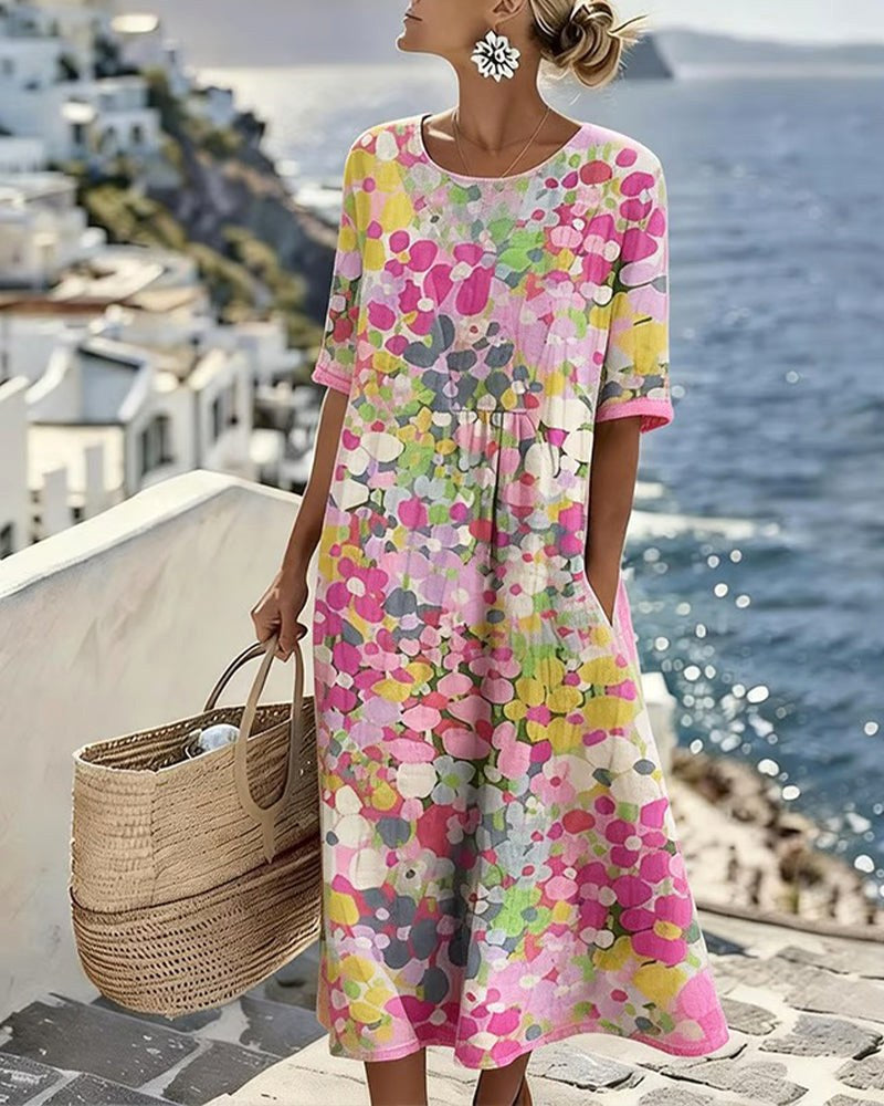 Mikayla | Women's Cotton-Linen Midi Dress, Abstract Floral Print Midi Dress | The Shrader Sisters