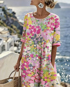 Mikayla | Women's Cotton-Linen Midi Dress, Abstract Floral Print Midi Dress | The Shrader Sisters