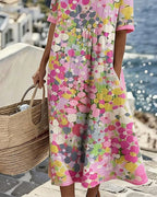 Mikayla | Women's Cotton-Linen Midi Dress, Abstract Floral Print Midi Dress | The Shrader Sisters