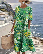 Mikayla | Women's Cotton-Linen Midi Dress, Abstract Floral Print Midi Dress | The Shrader Sisters