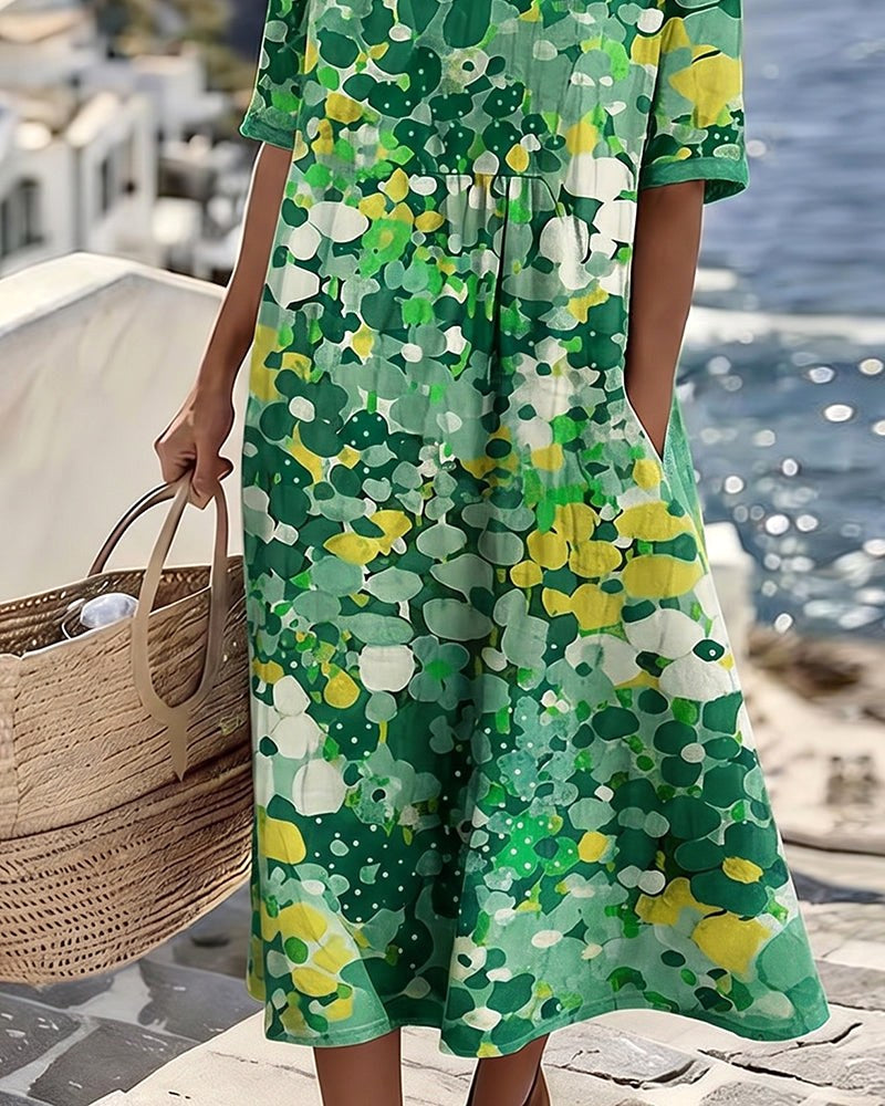 Mikayla | Women's Cotton-Linen Midi Dress, Abstract Floral Print Midi Dress | The Shrader Sisters