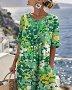 Mikayla | Women's Cotton-Linen Midi Dress, Abstract Floral Print Midi Dress | The Shrader Sisters