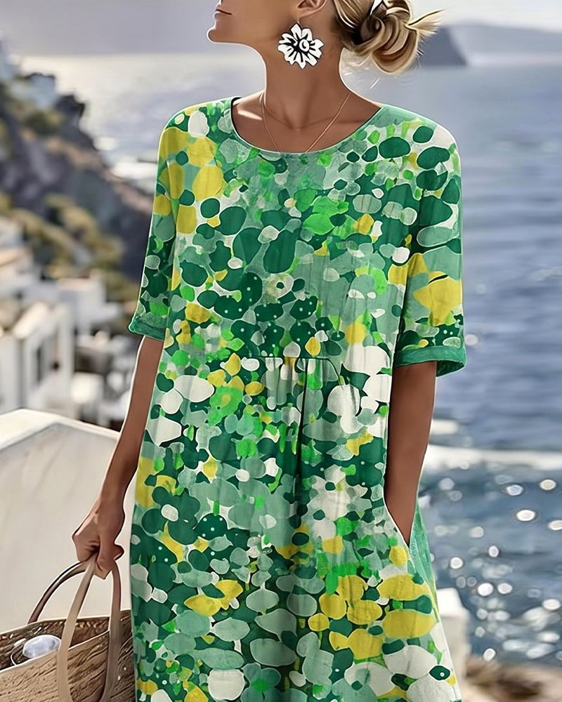 Mikayla | Women's Cotton-Linen Midi Dress, Abstract Floral Print Midi Dress | The Shrader Sisters