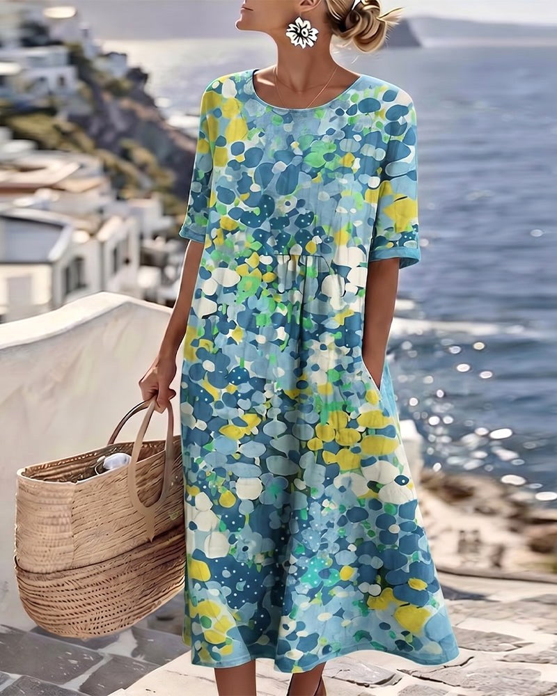 Mikayla | Women's Cotton-Linen Midi Dress, Abstract Floral Print Midi Dress | The Shrader Sisters
