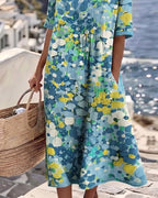 Mikayla | Women's Cotton-Linen Midi Dress, Abstract Floral Print Midi Dress | The Shrader Sisters