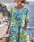 Mikayla | Women's Cotton-Linen Midi Dress, Abstract Floral Print Midi Dress | The Shrader Sisters