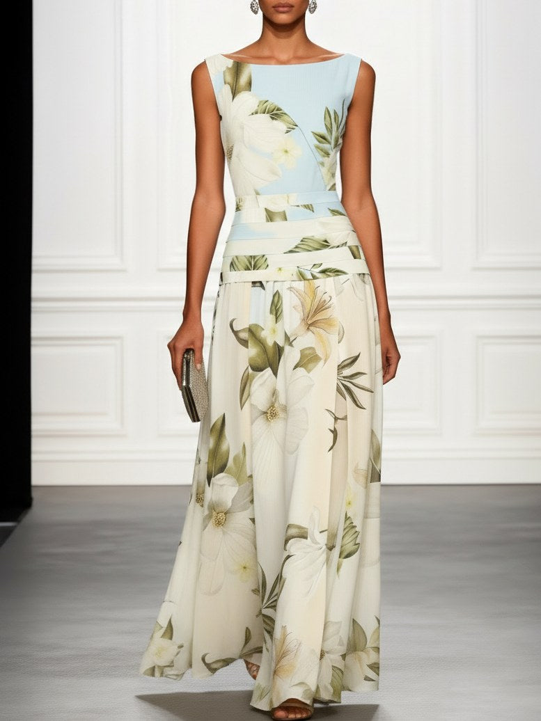 Mireya | Women's Boat Neckline Sleeveless Floral Maxi Dress, A-Line Floor-Length Dress | The Shrader Sisters | Light Blue