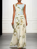 Mireya | Women's Boat Neckline Sleeveless Floral Maxi Dress, A-Line Floor-Length Dress | The Shrader Sisters | Light Blue