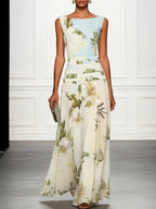 Mireya | Women's Boat Neckline Sleeveless Floral Maxi Dress, A-Line Floor-Length Dress | The Shrader Sisters | Light Blue