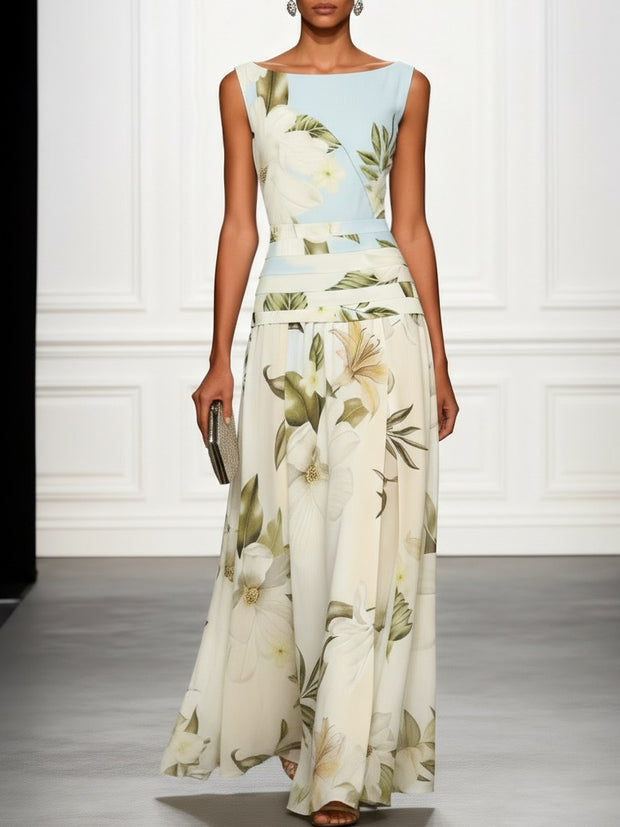 Mireya | Women's Boat Neckline Sleeveless Floral Maxi Dress, A-Line Floor-Length Dress | The Shrader Sisters | Light Blue
