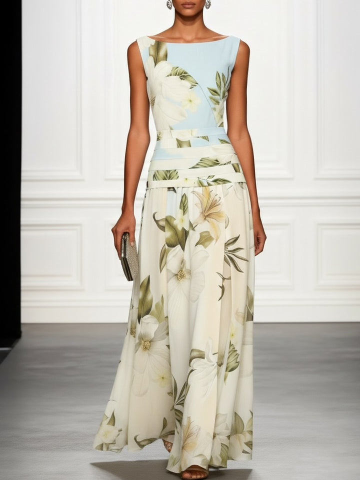Mireya | Women's Boat Neckline Sleeveless Floral Maxi Dress, A-Line Floor-Length Dress | The Shrader Sisters | Light Blue