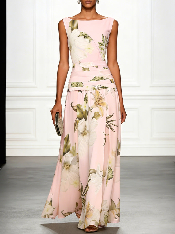 Mireya | Women's Boat Neckline Sleeveless Floral Maxi Dress, A-Line Floor-Length Dress | The Shrader Sisters