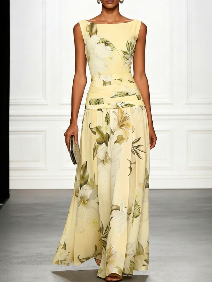 Mireya | Women's Boat Neckline Sleeveless Floral Maxi Dress, A-Line Floor-Length Dress | The Shrader Sisters