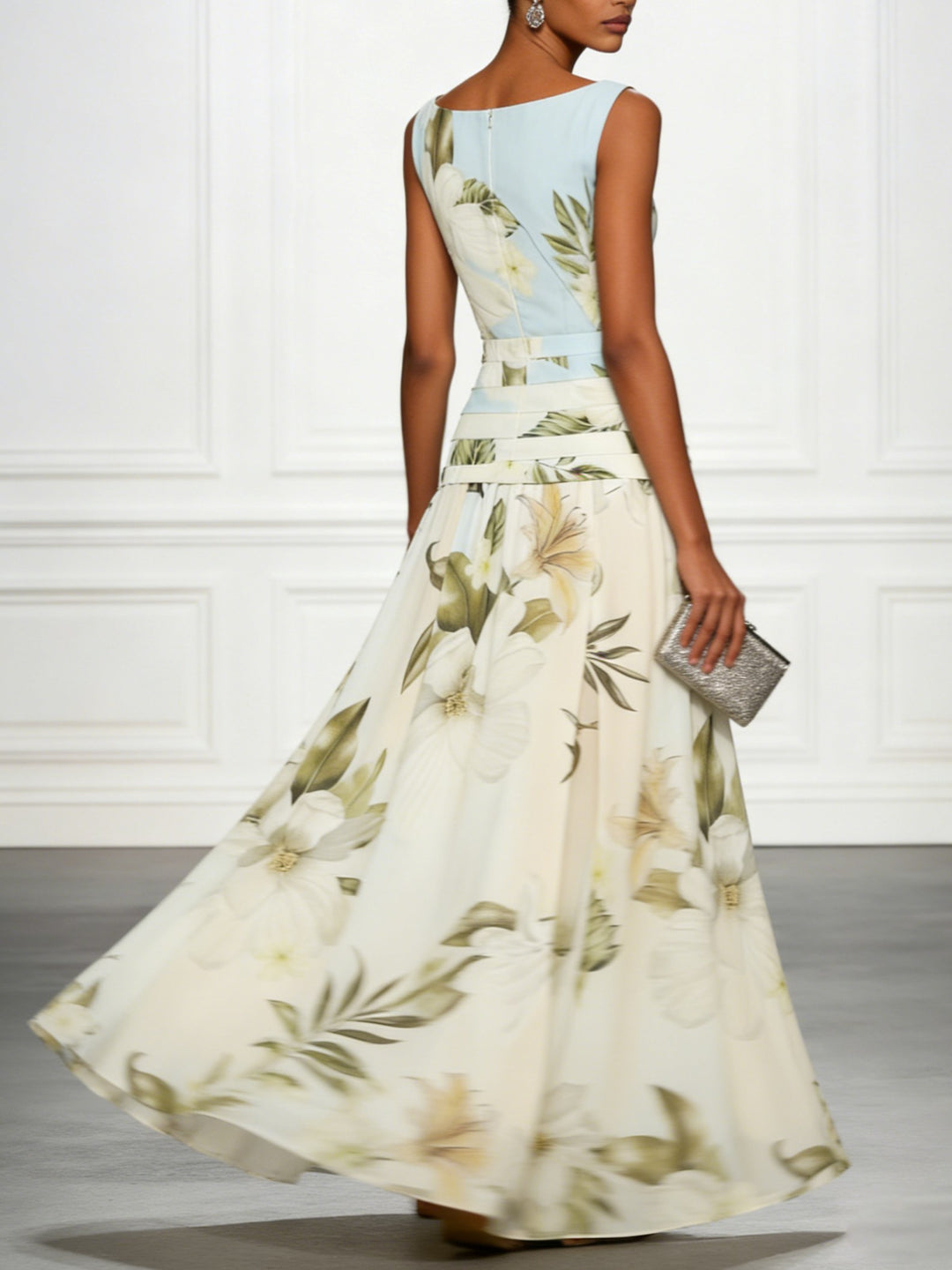 Mireya | Women's Boat Neckline Sleeveless Floral Maxi Dress, A-Line Floor-Length Dress | The Shrader Sisters | Light Green