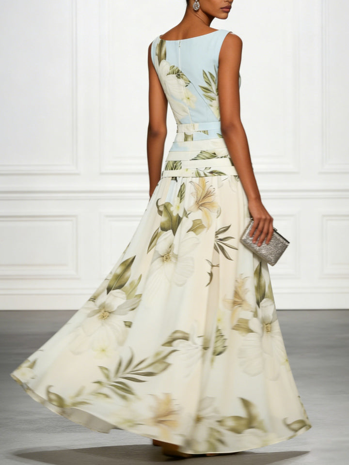 Mireya | Women's Boat Neckline Sleeveless Floral Maxi Dress, A-Line Floor-Length Dress | The Shrader Sisters | Light Green