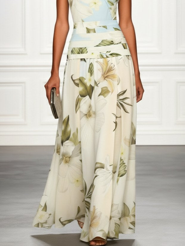 Mireya | Women's Boat Neckline Sleeveless Floral Maxi Dress, A-Line Floor-Length Dress | The Shrader Sisters | Pink