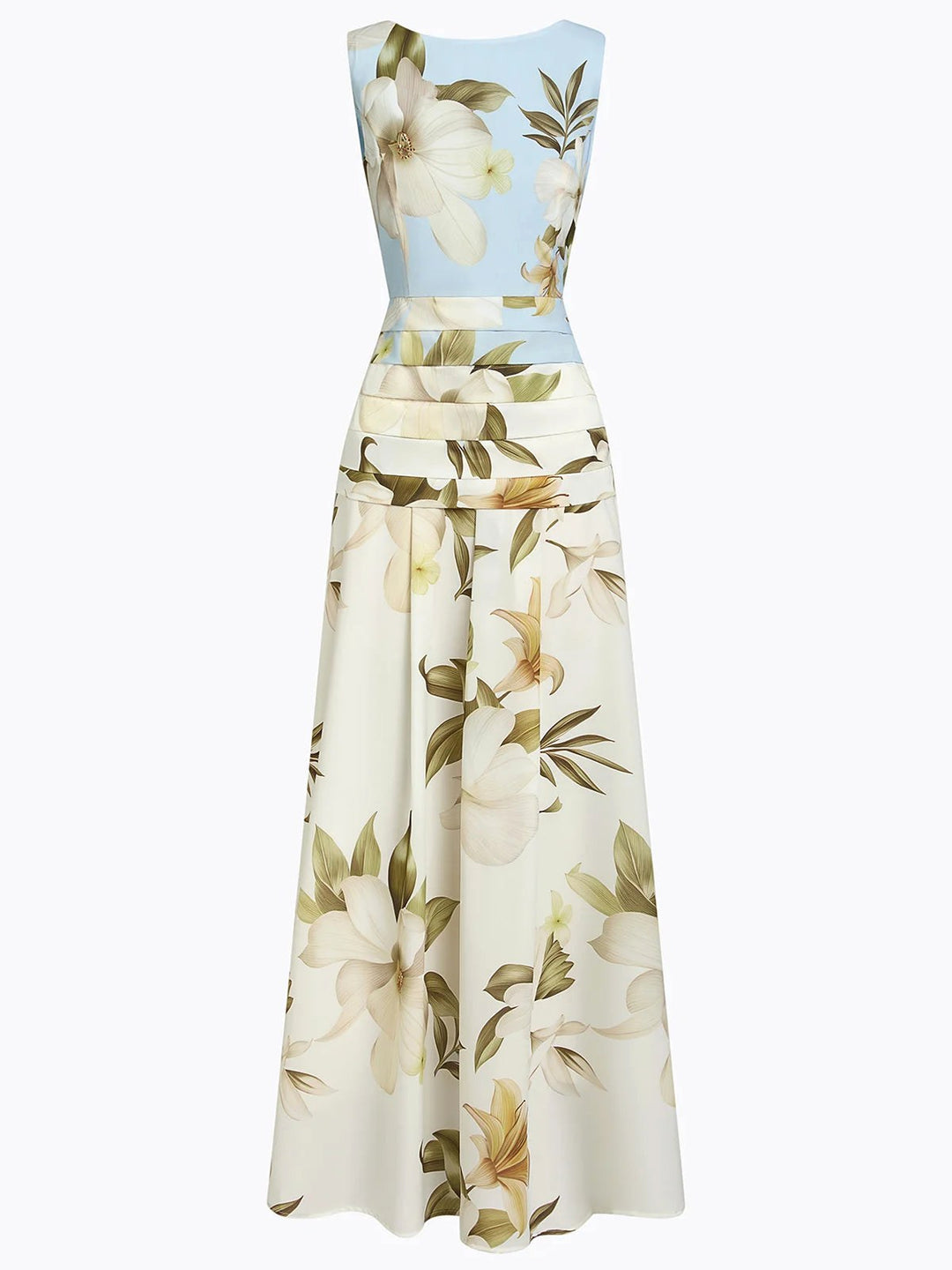 Mireya | Women's Boat Neckline Sleeveless Floral Maxi Dress, A-Line Floor-Length Dress | The Shrader Sisters | Yellow