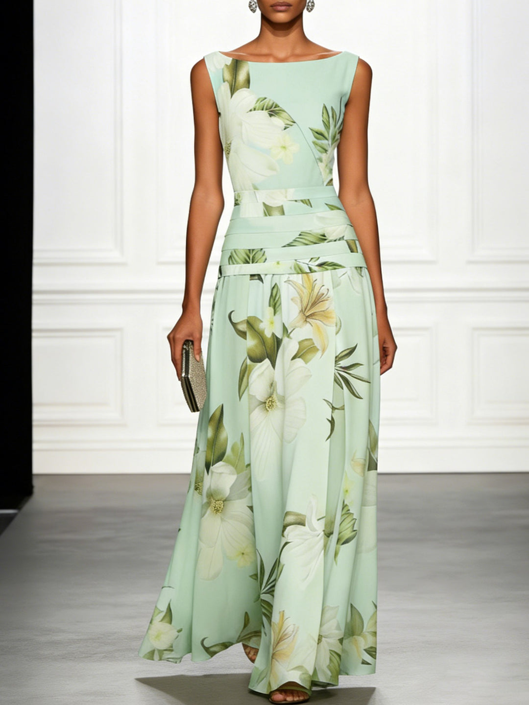 Mireya | Women's Boat Neckline Sleeveless Floral Maxi Dress, A-Line Floor-Length Dress | The Shrader Sisters