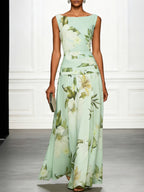 Mireya | Women's Boat Neckline Sleeveless Floral Maxi Dress, A-Line Floor-Length Dress | The Shrader Sisters