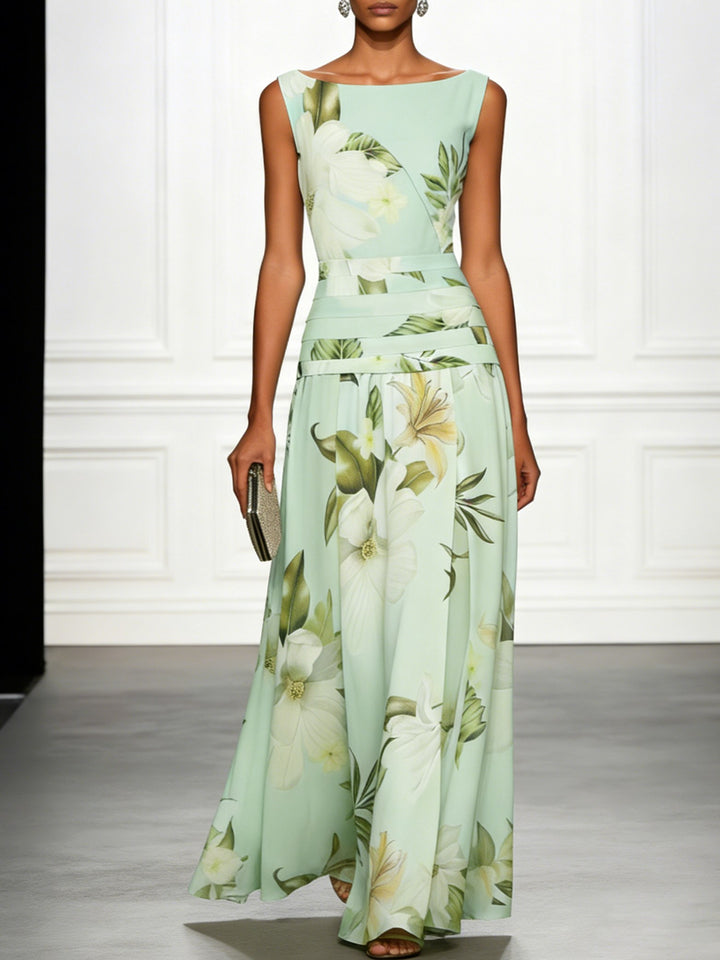 Mireya | Women's Boat Neckline Sleeveless Floral Maxi Dress, A-Line Floor-Length Dress | The Shrader Sisters