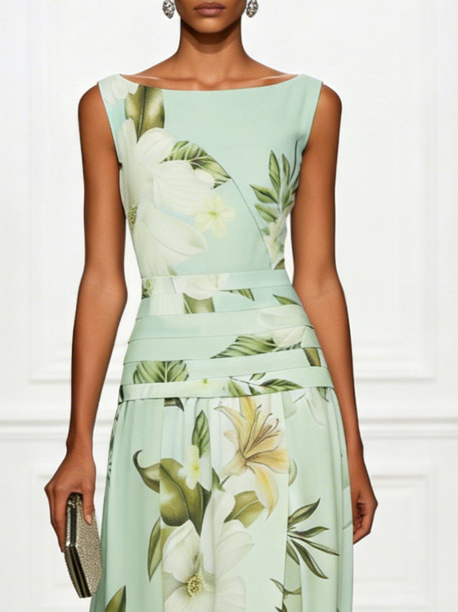Mireya | Women's Boat Neckline Sleeveless Floral Maxi Dress, A-Line Floor-Length Dress | The Shrader Sisters