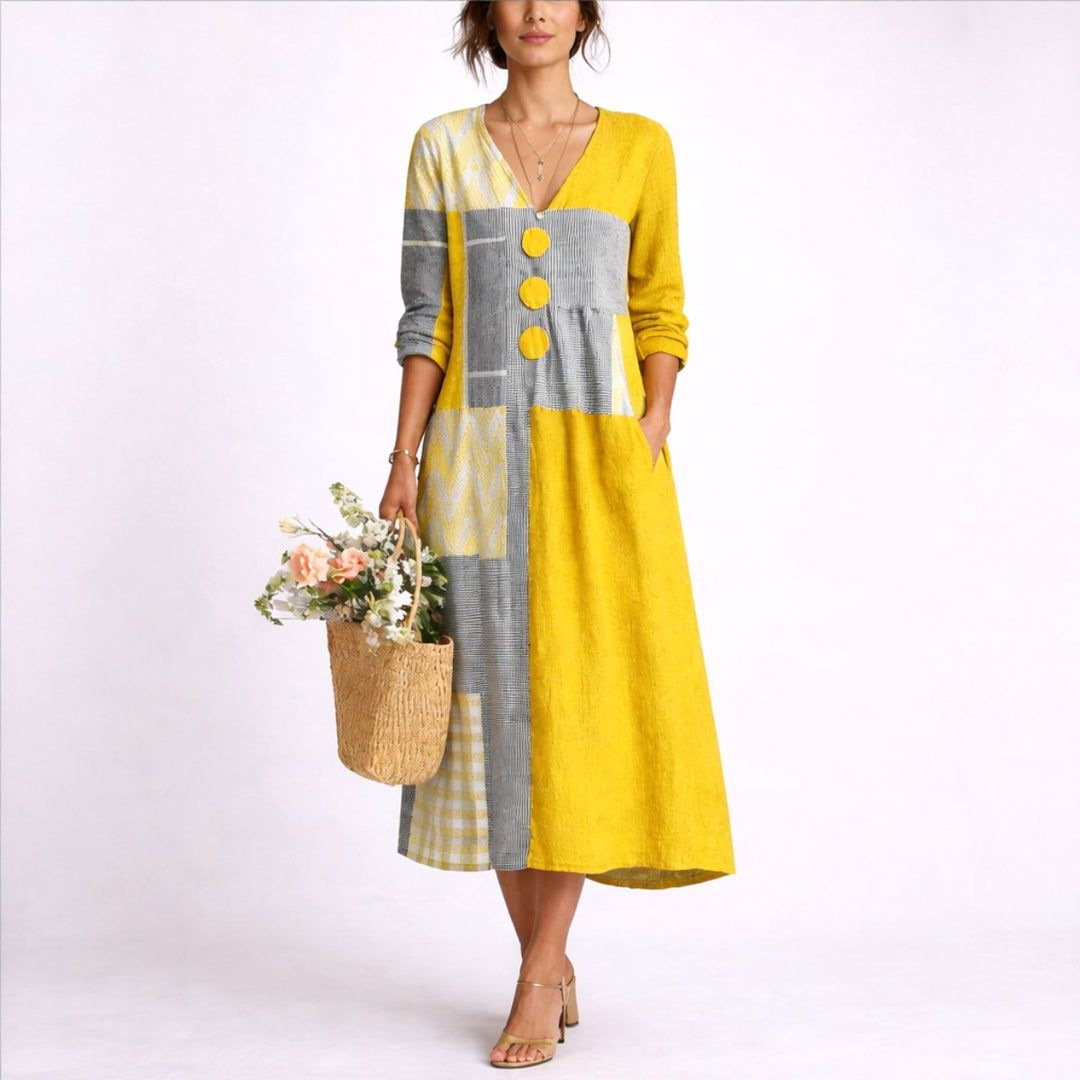 Mireya | Women's Lightweight Linen Midi Dress, Wrap-Front Autumn Dress | The Shrader Sisters | Yellow & Gray