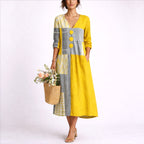 Mireya | Women's Lightweight Linen Midi Dress, Wrap-Front Autumn Dress | The Shrader Sisters | Yellow & Gray