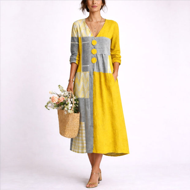 Mireya | Women's Lightweight Linen Midi Dress, Wrap-Front Autumn Dress | The Shrader Sisters | Yellow & Gray
