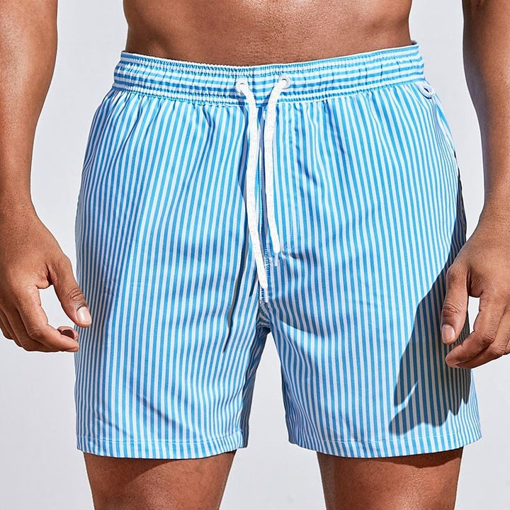 Mitchell | Men's Striped Drawstring Swim Shorts, Relaxed-Fit Summer Shorts | The Shrader Sisters | Light Blue